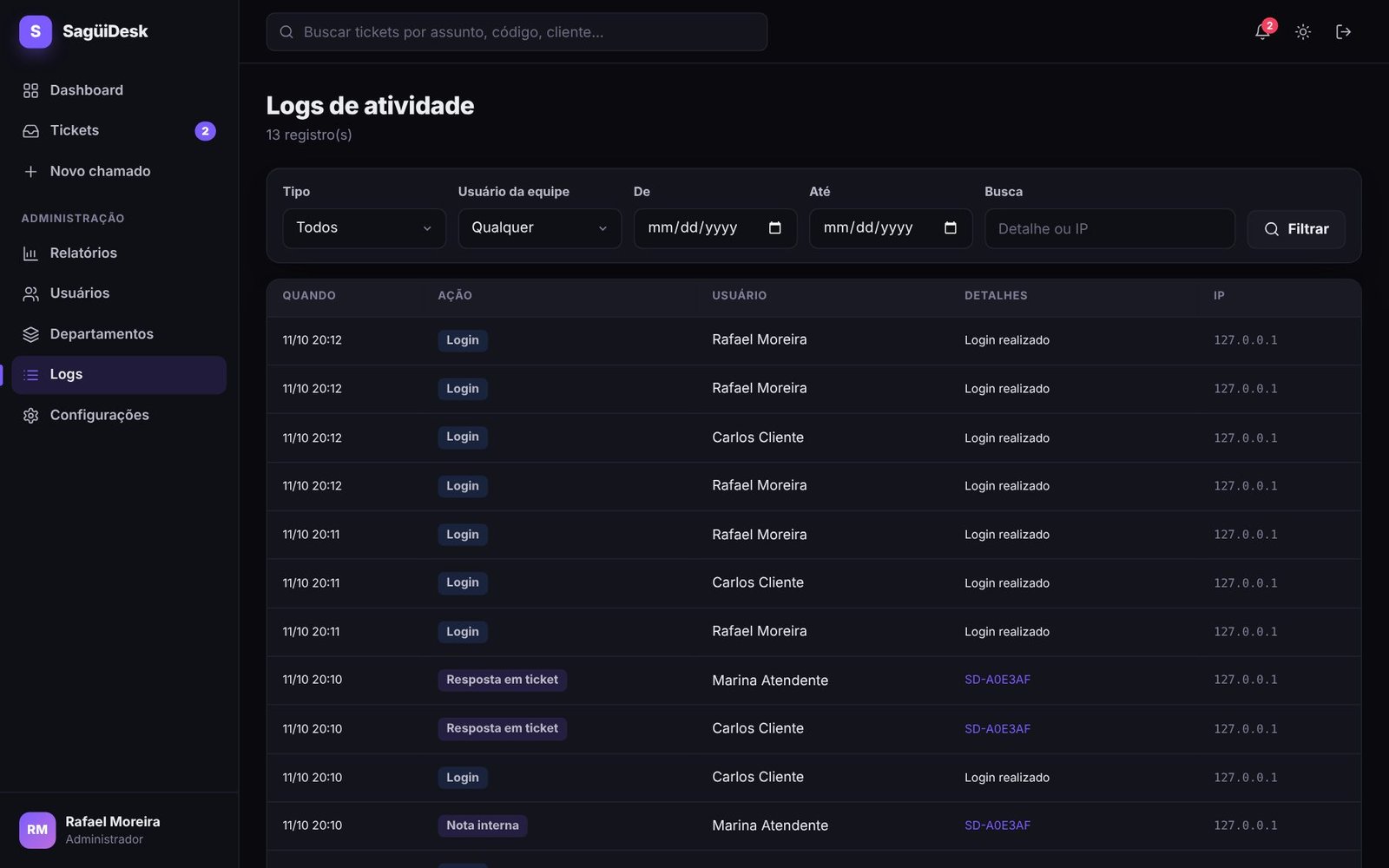 Logs de atividade